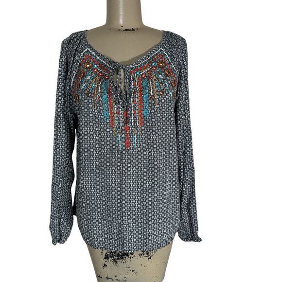 Panhandle Women’s Sz M Embroidered Peasant Blouse Southwest Cowgirl Black White - Picture 1 of 6